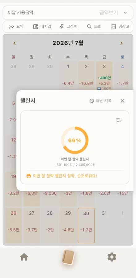 절약 챌린지. 목표 금액 대비 진행률을 원형 그래프로 표시