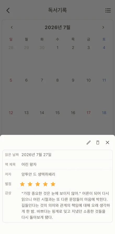 독서 기록 상세. 읽은 날짜, 제목, 저자, 별점과 감상